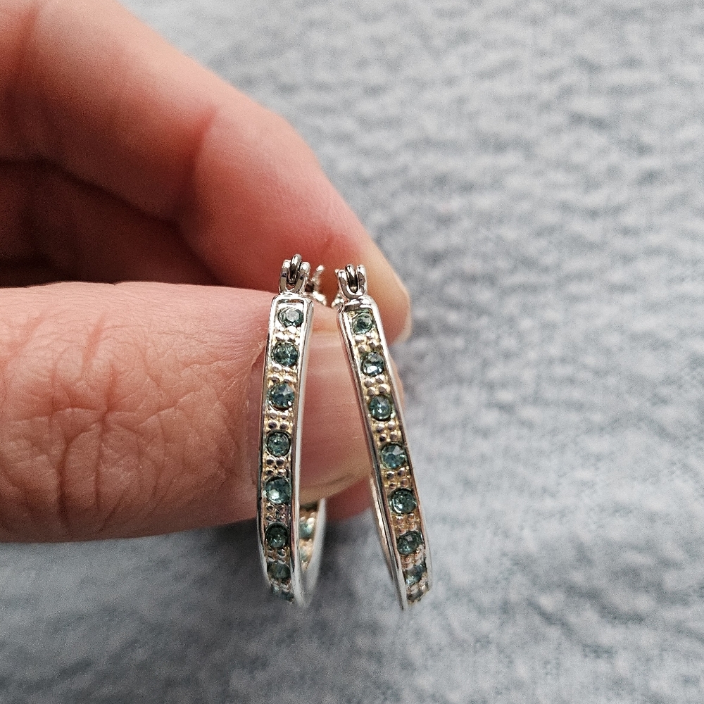 Avon Birthstone Hoop Pierced Earrings, March, Aquamarine, Silver, Blue, NIB